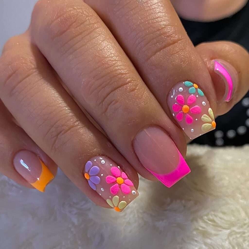 False Nails with Colorful Designs Glossy Acrylic Nails Spring Summer Floral Glue on Nails for Women