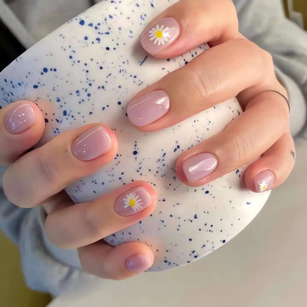 Fake Nails Summer Glue on Nails Nude Pink False Nails Cute Flower Artificial Nails