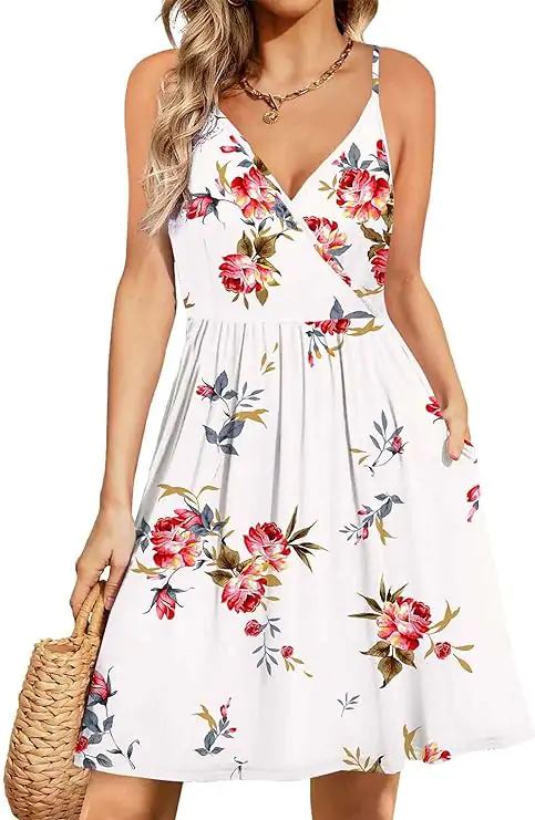WEACZZY Women's 2024 Summer Dresses V Neck Spaghetti Strap Sundress Casual Beach Flowy Mini Dress with Pockets