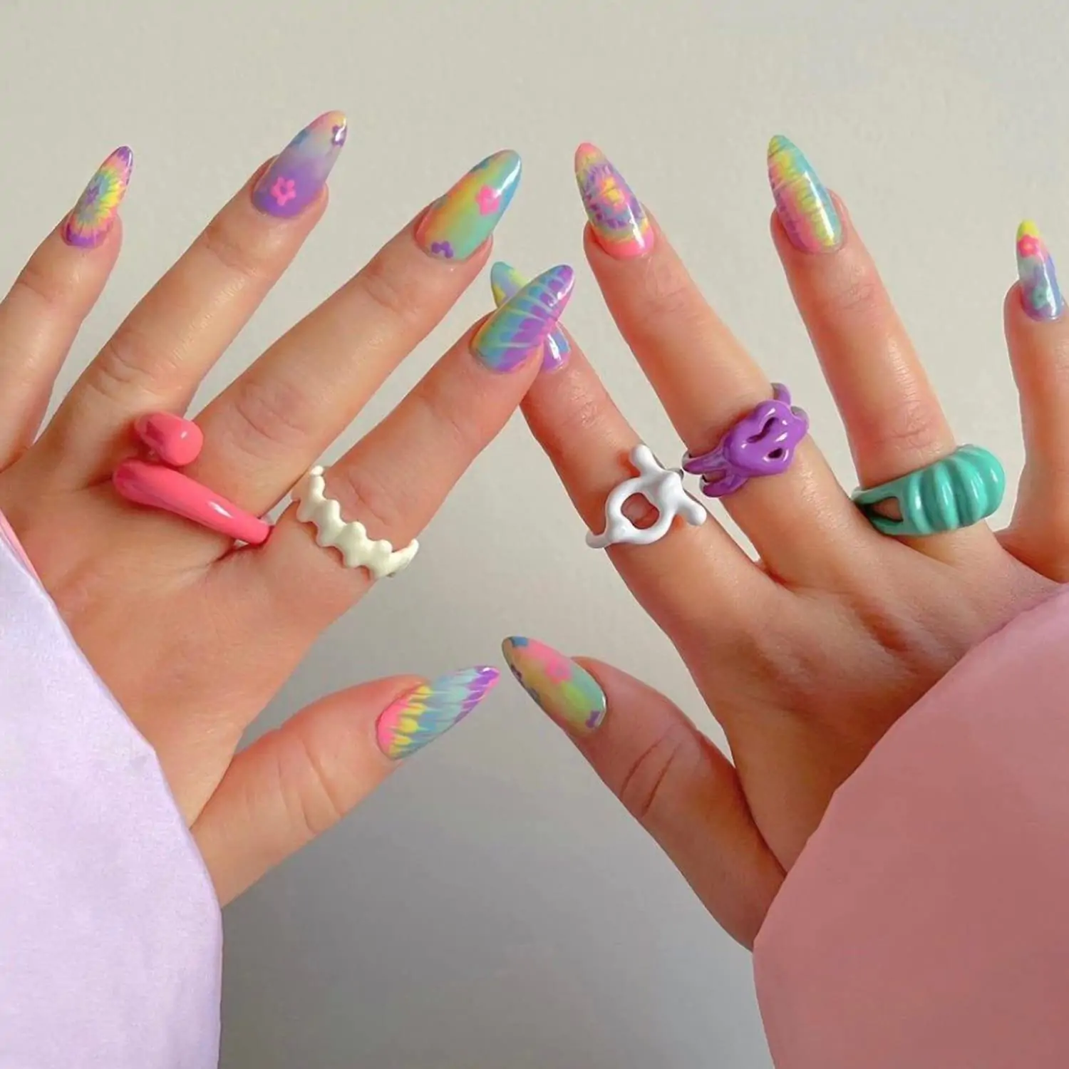 Tie Dye Fake Nails Short Stiletto