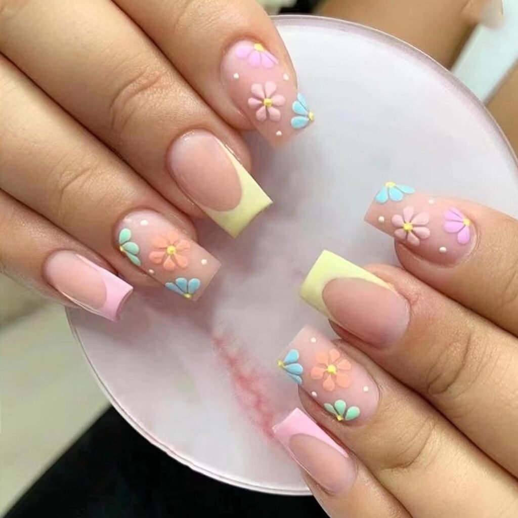 French Cute Summer Colorful Floral Fake False Nails