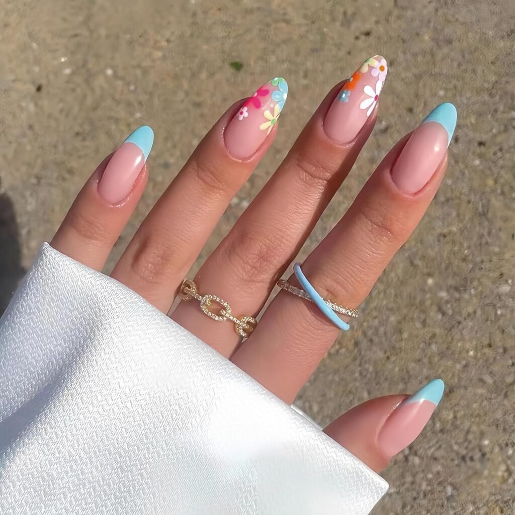 Almond Blue French Tip Summer Nail Art Designs