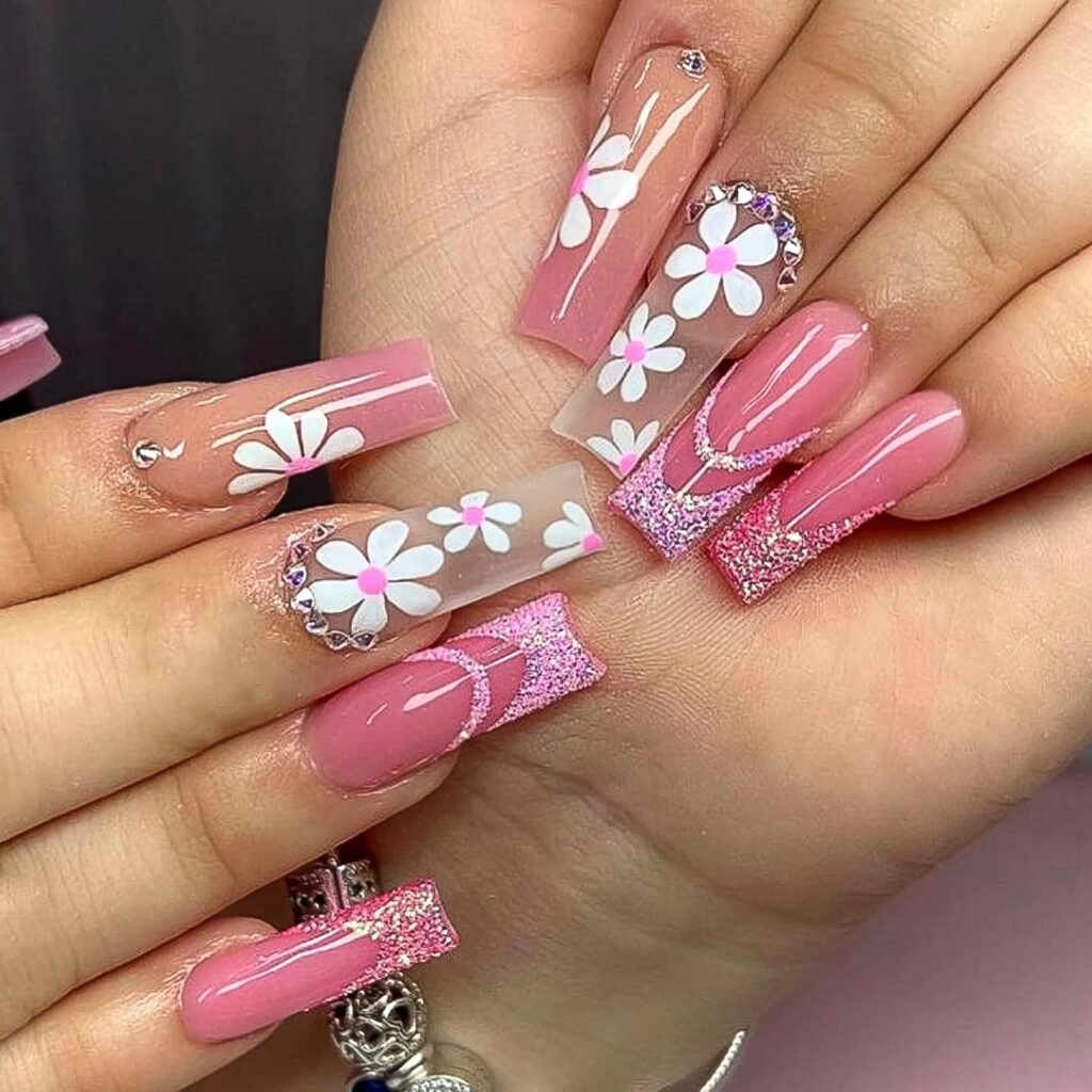 Pink flower acryic nails design