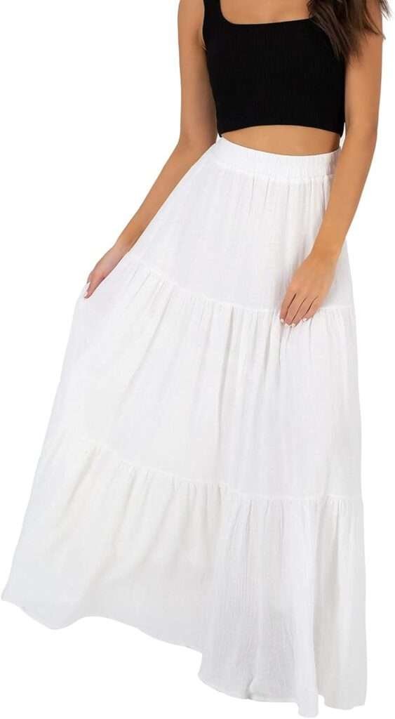 Annebouti Women's Summer Spring Boho Elastic Long Skirts High Waist Pleated A Line Tiered White or Black Maxi Skirt