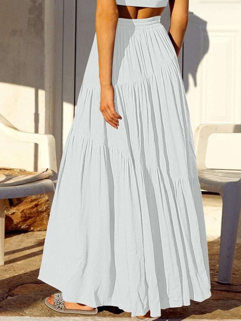 Womens Boho Elastic High Waist Pleated A-Line Flowy Swing Asymmetric Tiered Maxi Long Skirt Dress with Pockets