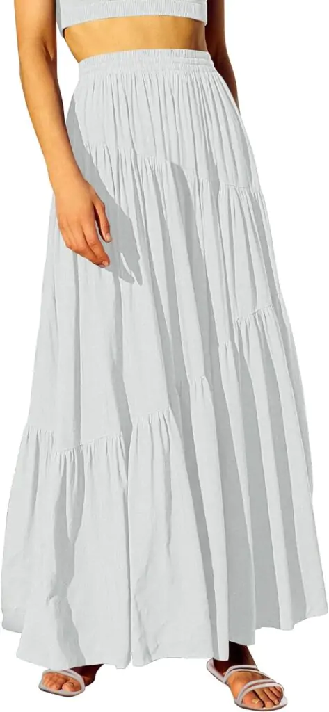 Womens Boho Elastic High Waist Pleated A-Line Flowy Swing Asymmetric Tiered Maxi Long Skirt Dress with Pockets