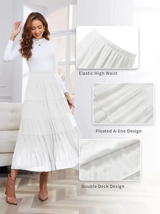 NASHALYLY Women's Chiffon Elastic High Waist Pleated ALine Flared White Maxi Skirt