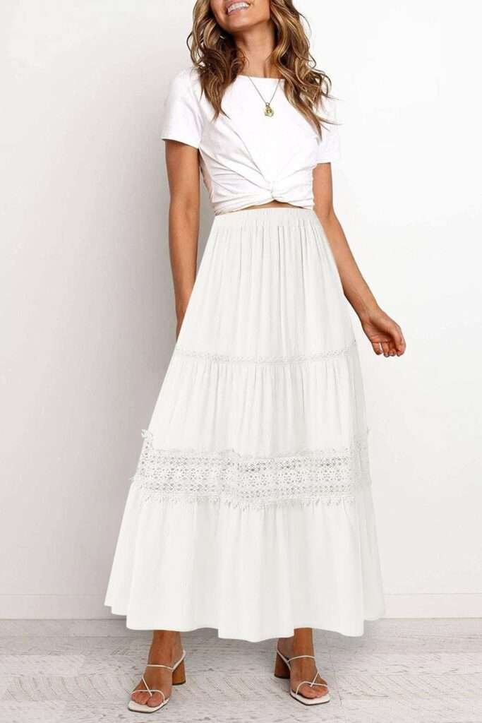 Women's 2024 Summer Bohemian Flowy A Line Beach Long Maxi Skirt with Pockets in Solid Color with Lace Trim