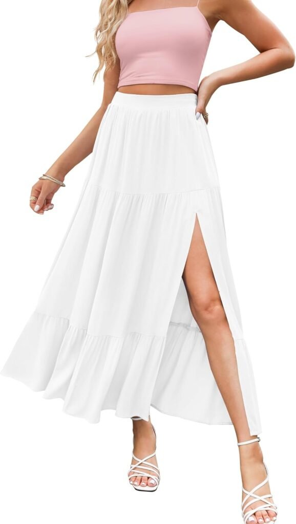 Women's Flowy Maxi Skirt with High Waist and High Slit A Line Beach Boho Long Skirts with Pockets for Summer 2024