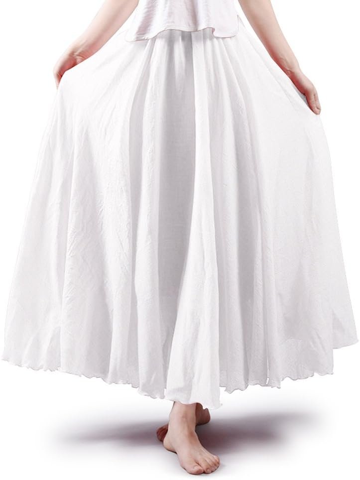 Women's Girls Elastic Waist Long Flowy Bohemian Cotton Casual Maxi Skirt for Summer Beach Holiday