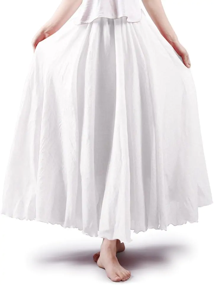 Women's Girls Elastic Waist Long Flowy Bohemian Cotton Casual Maxi Skirt for Summer Beach Holiday