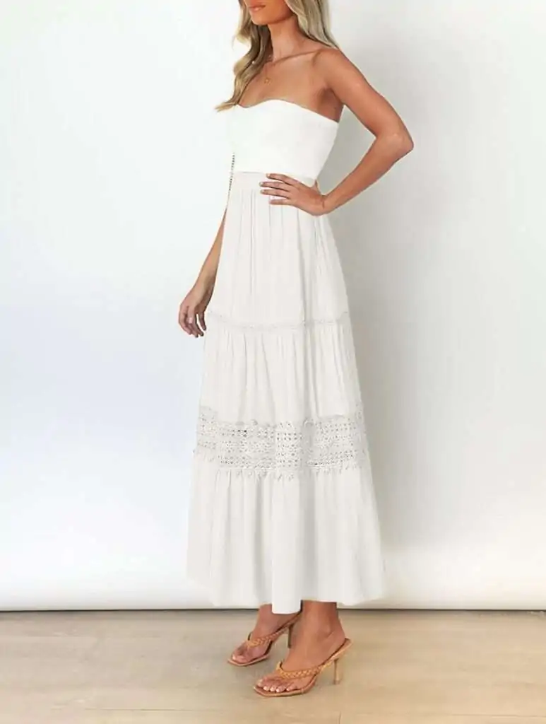 Women's 2024 Summer Bohemian Flowy A Line Beach Long Maxi Skirt with Pockets in Solid Color with Lace Trim