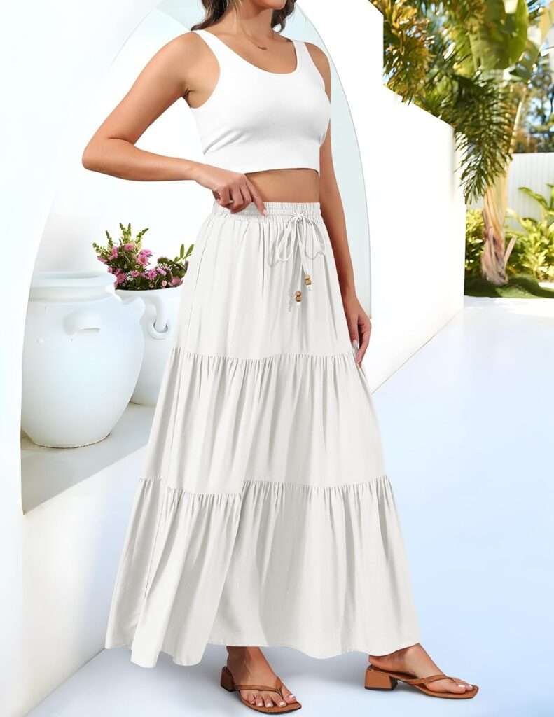 Women's 2024 Summer Boho Elastic High Waist Maxi Skirt A-Line Flowy Ruffle Tiered Long Beach Skirts with Pockets