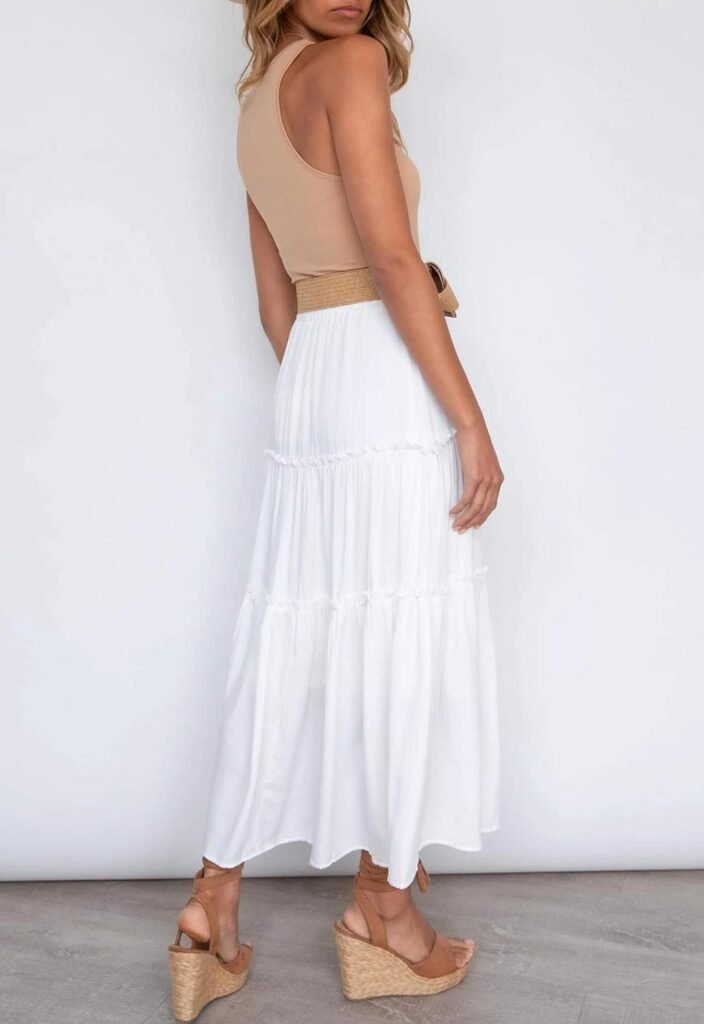 Women's Boho Elastic High Waist A Line Ruffle Swing Beach Maxi Skirt with Pockets