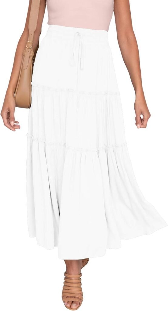 Women's Boho Elastic High Waist A Line Ruffle Swing Beach Maxi Skirt with Pockets