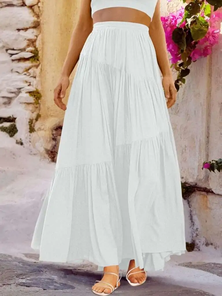 Womens Boho Elastic High Waist Pleated A-Line Flowy Swing Asymmetric Tiered Maxi Long Skirt Dress with Pockets