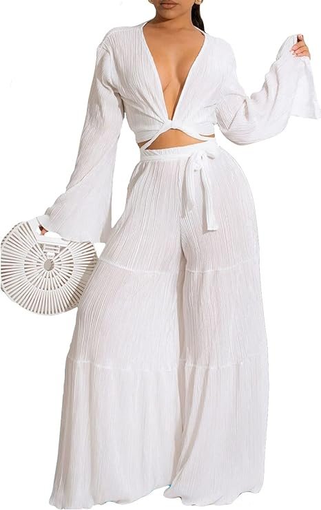 Elegant Beach Outfit: Flowing White Set with Tie-Front Top