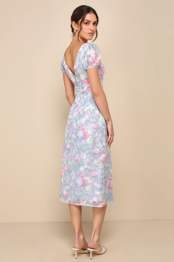 Elegant Personality Slate Blue Floral Burnout Midi Dress