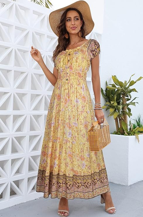 Boho Floral Print Casual Flowy Maxi Dress