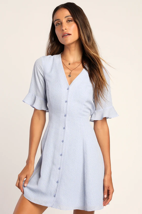 Castana Light Blue Print Button-Up Dress