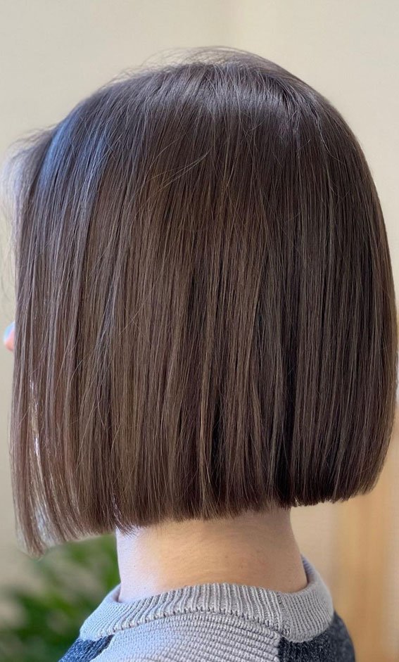  Classic blunt bob hairstyle with a straight cut at the chin.