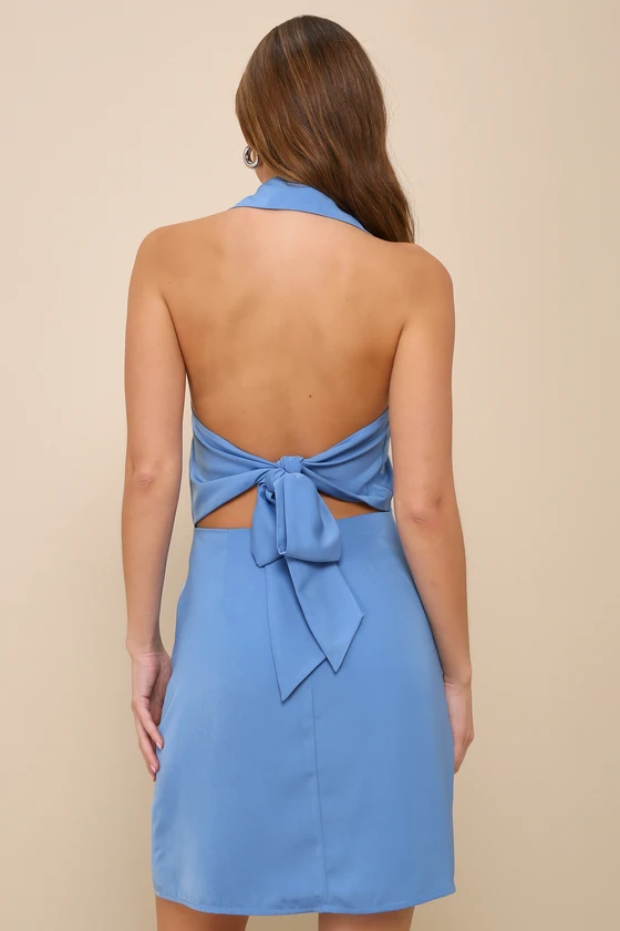 Extremely Chic Blue Collared Tie-Back Button-Up Mini Dress