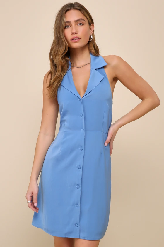 Extremely Chic Blue Collared Tie-Back Button-Up Mini Dress