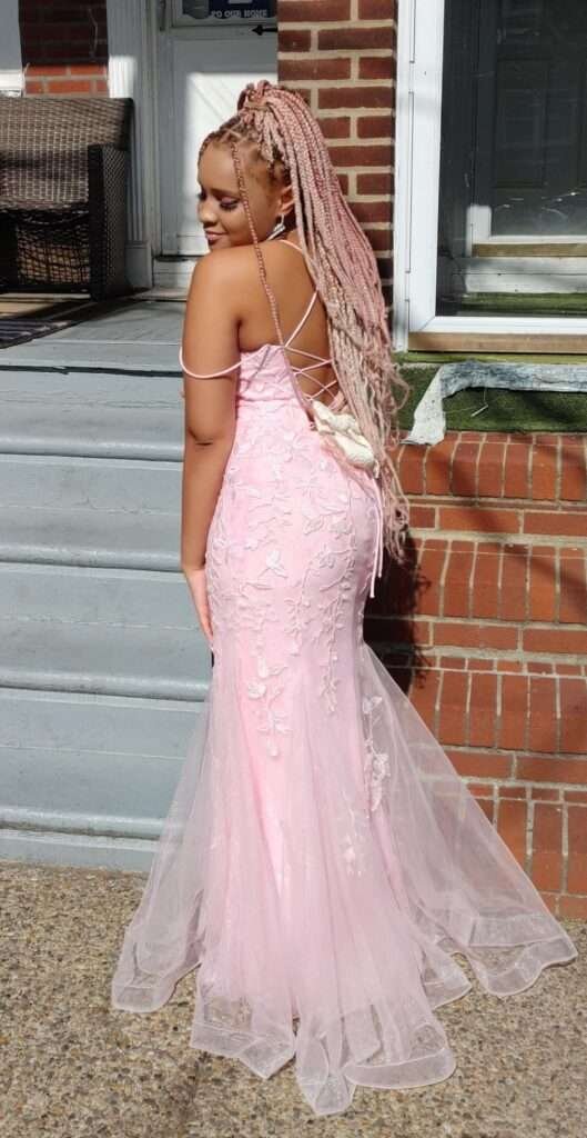 Floral appliques pink prom dress