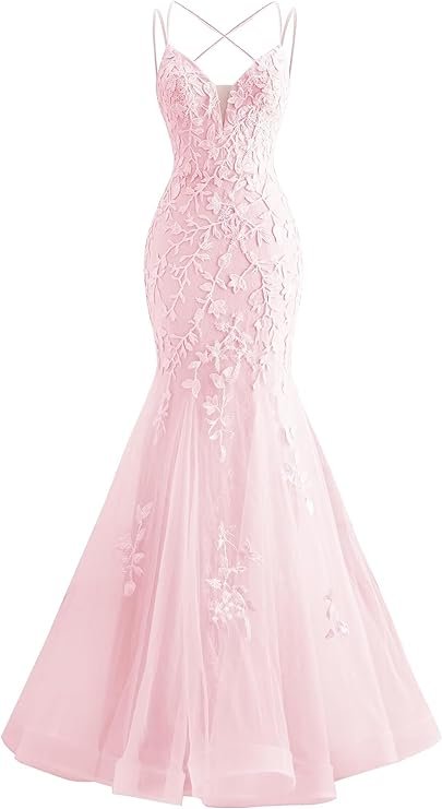 Floral appliques pink prom dress