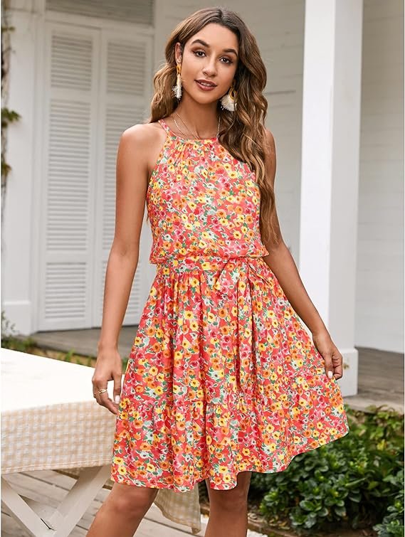 Hawaiian Dresses Ruffle Belted Sundress with Pockets