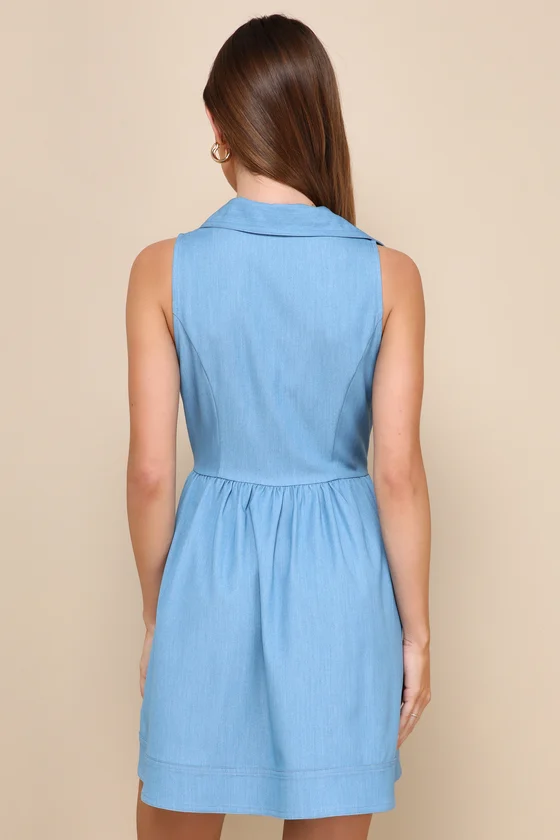 Iconic Personality Blue Chambray Seamed Mini Dress With Pockets