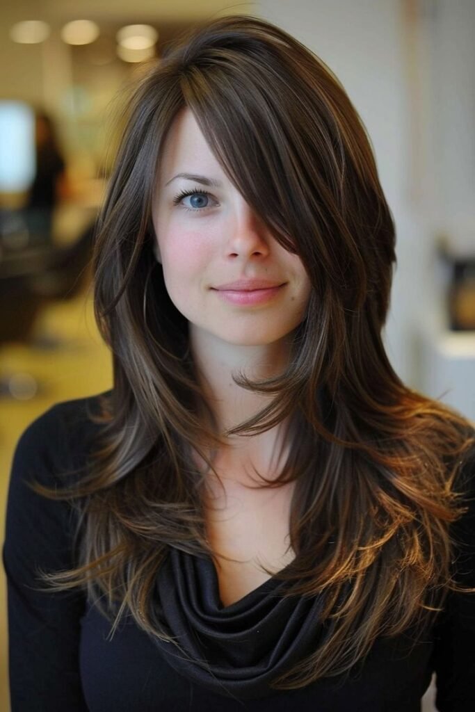 Long Layered Hairstyle With Side Bangs Straight Fine