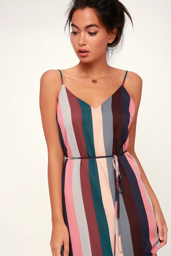 Erina Mauve Multi Stripe Belted Midi Slip Dress