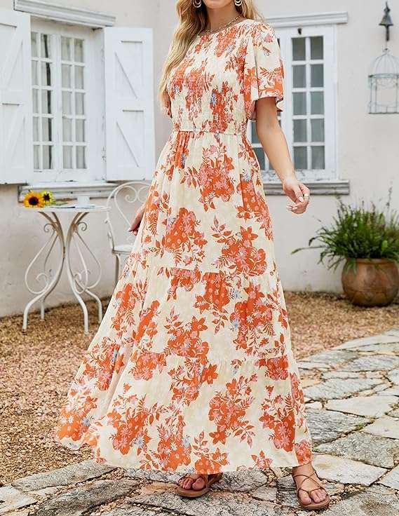 Smocked High Waist Flowy Maxi Dress