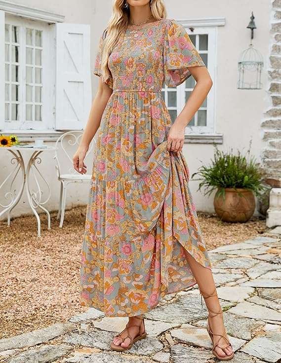 Smocked High Waist Flowy Maxi Dress