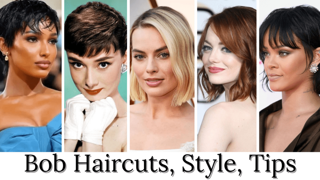 Five diverse women showcasing various bob haircuts, including a pixie cut, a classic short bob, a modern blonde bob, a wavy red bob, and a sleek black bob with bangs.