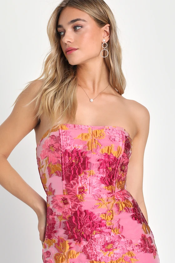 Upgraded Event Pink Floral Jacquard Strapless Bustier Midi Dress