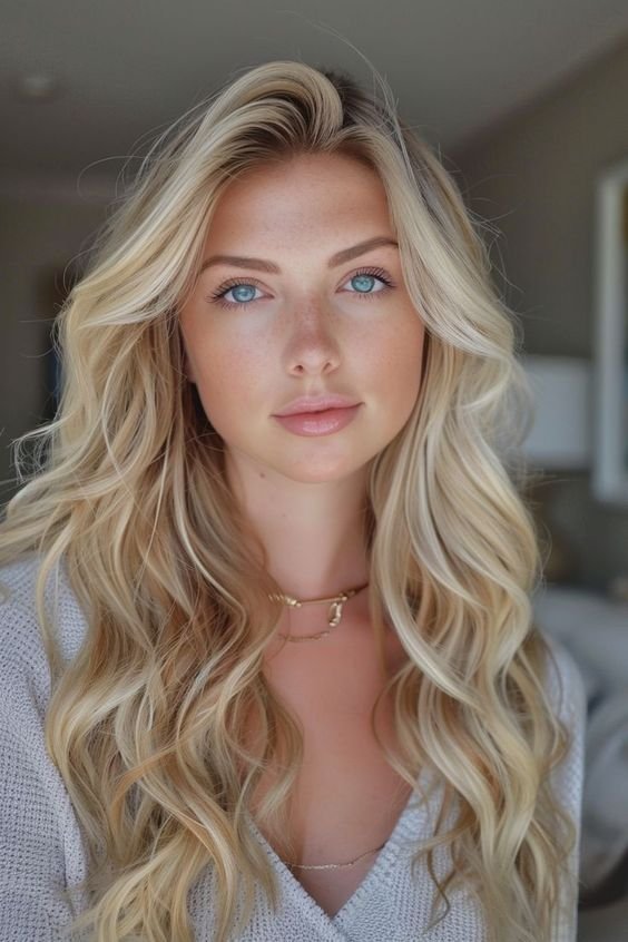 Wavy and beachy long hair, natural waves, summer hairstyle, boho chic look.