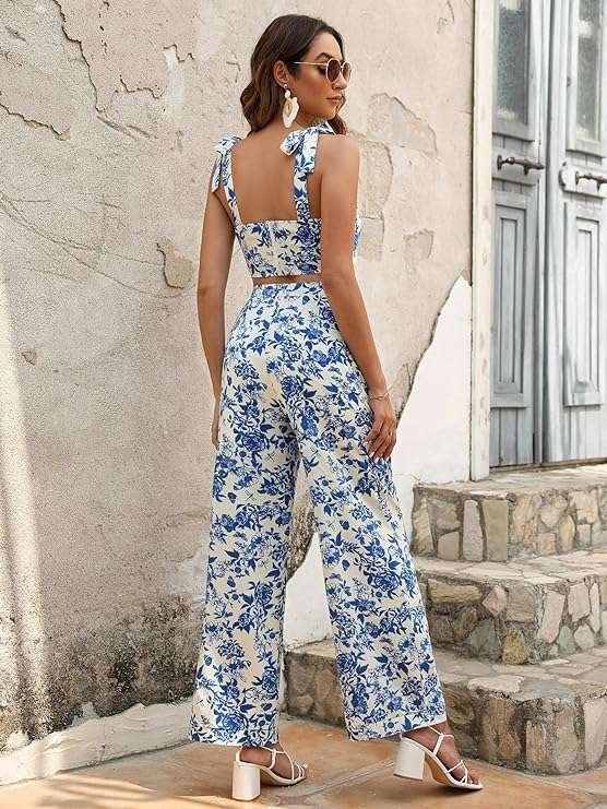 Women's 2 Piece Sets Summer Boho Floral Crop Tank Cami Tops and Wide Leg Pants Vacation Outfits