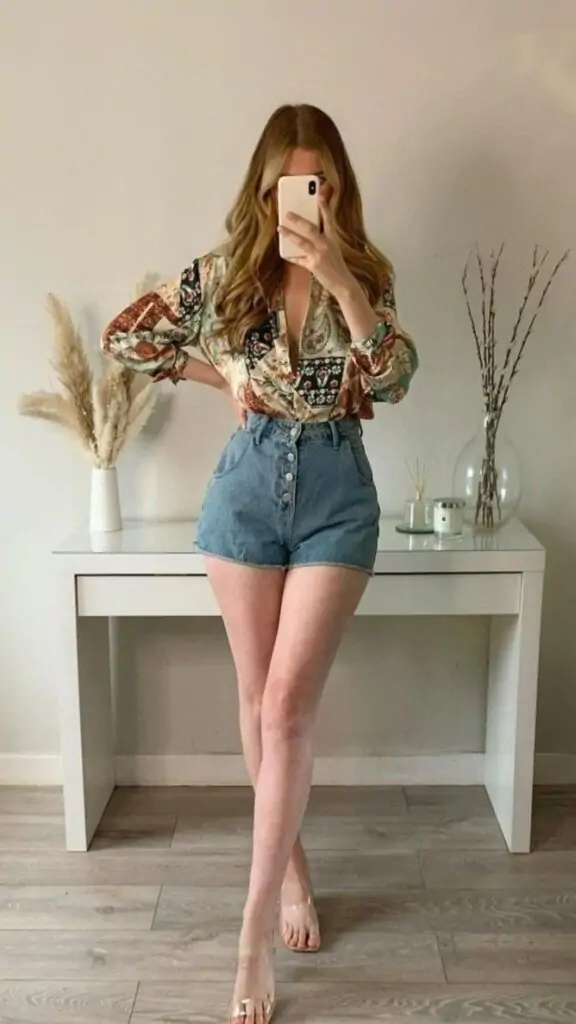 Fashion-forward individual in high-waisted denim shorts and floral print blouse with sheer voluminous sleeves, standing in a minimalist room.