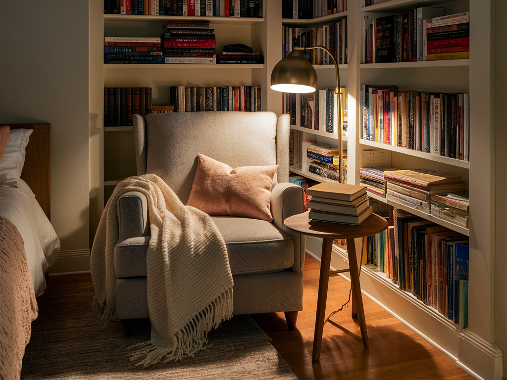 A charming reading nook in the corner of a bedroom featuring a comfortable armchair with a soft throw blanket, a small wooden side table with a stack of books, and a warm floor lamp casting a gentle glow. The nook is surrounded by shelves filled with books and personal items, creating a cozy retreat.