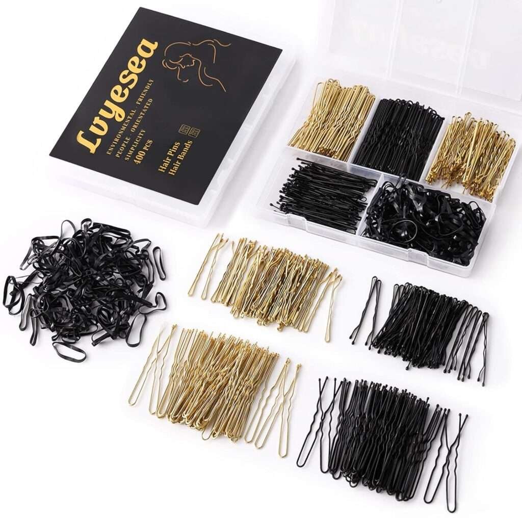 Lvyesea 400Pcs Hair Pins Kit, Including 100 Pcs U-Shaped 100 Pcs Bobby Pin and 200 Pcs Hair Rubber Bands with Storage Box Hair Pins for All Hair Types.