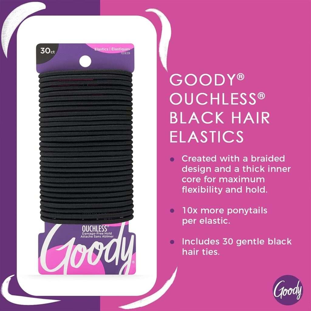 Goody Ouchless Hair Ties, Damage-Free Hold, 4MM Hair Elastics, Hair Styling Accessories for Women, All Hair Types, Black - 30 Ct
