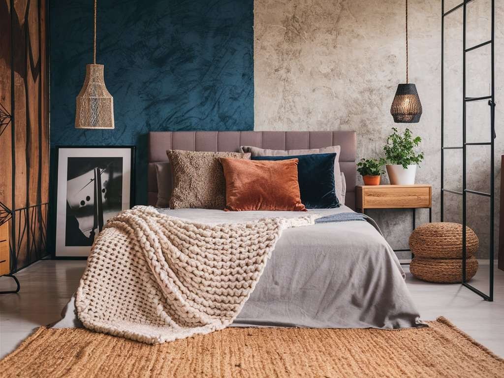 A stylish bedroom with an inviting mix of textures, including a chunky knit throw draped over the bed, velvet pillows, and a woven jute rug. The room also features a variety of materials like wood, metal, and glass, adding depth and warmth to the space.