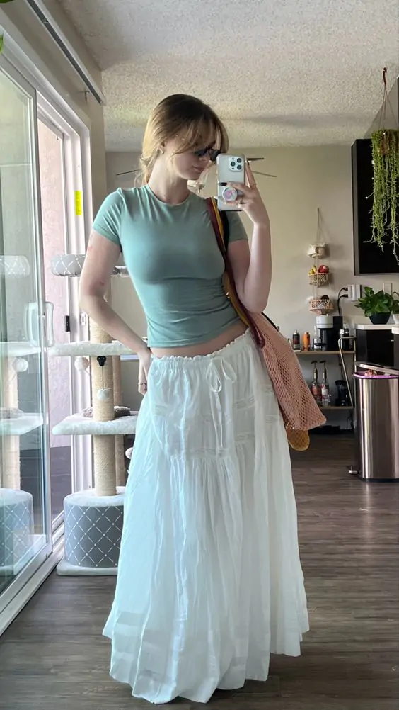 Fitted Pastel Green T-Shirt and Flowing White Maxi Skirt