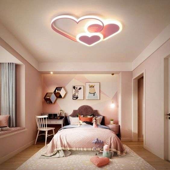 The image should showcase a bedroom with layered lighting options, such as a chandelier, bedside lamps, and fairy lights, demonstrating how lighting can set the mood and create a cozy atmosphere.