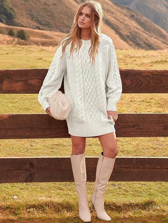 Women Long Sleeve Oversized Cable Knit Chunky Baggy Loose Pullover Tunic Mini Sweater Dress 2024 Trendy Fall Outfits