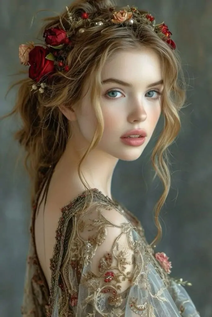 Ethereal portrait of a young woman with blue eyes, wearing a golden dress with floral embroidery and soft curls in her hair.