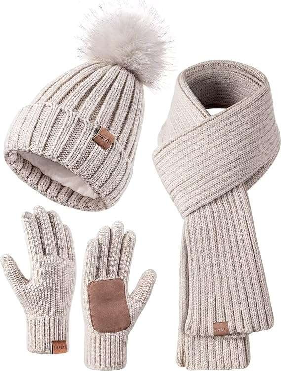 Winter Beanie Hat Scarf Gloves Set for Women, Womens Beanie with Pom Pom Long Scarf Neck Warmer Touchscreen Gloves 3 in 1 Set