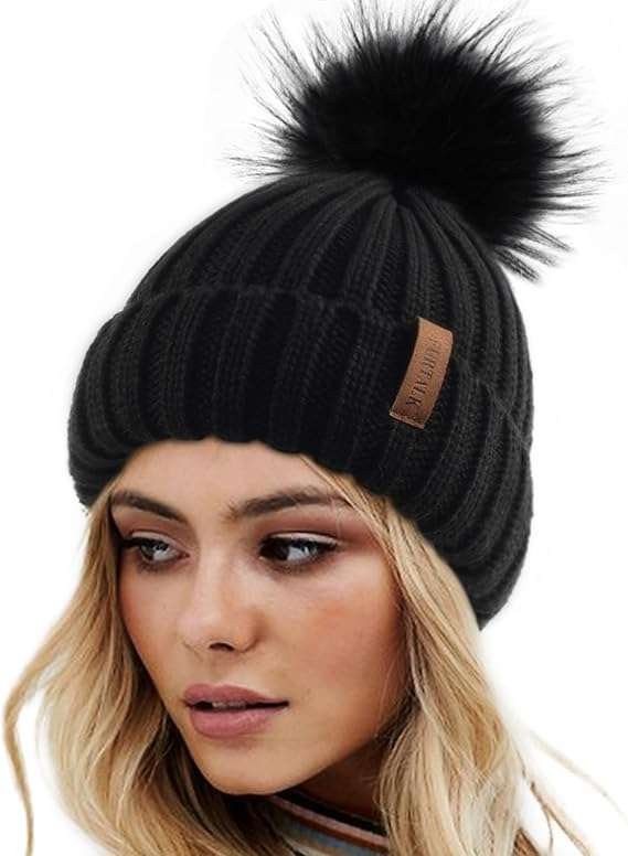 Womens Winter Knitted Beanie Hat with Faux Fur Pom Warm Knit Skull Cap Beanie for Women